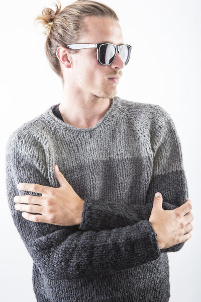 Rodney Wooly Sweater in Grey/Black on model over T shirt – James Cox Knits