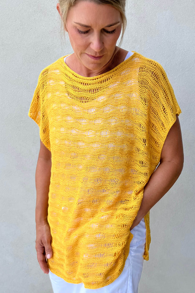 BPC Bonprix Collection Short Sleeve Sweater Womens Small S Yellow Open Knit