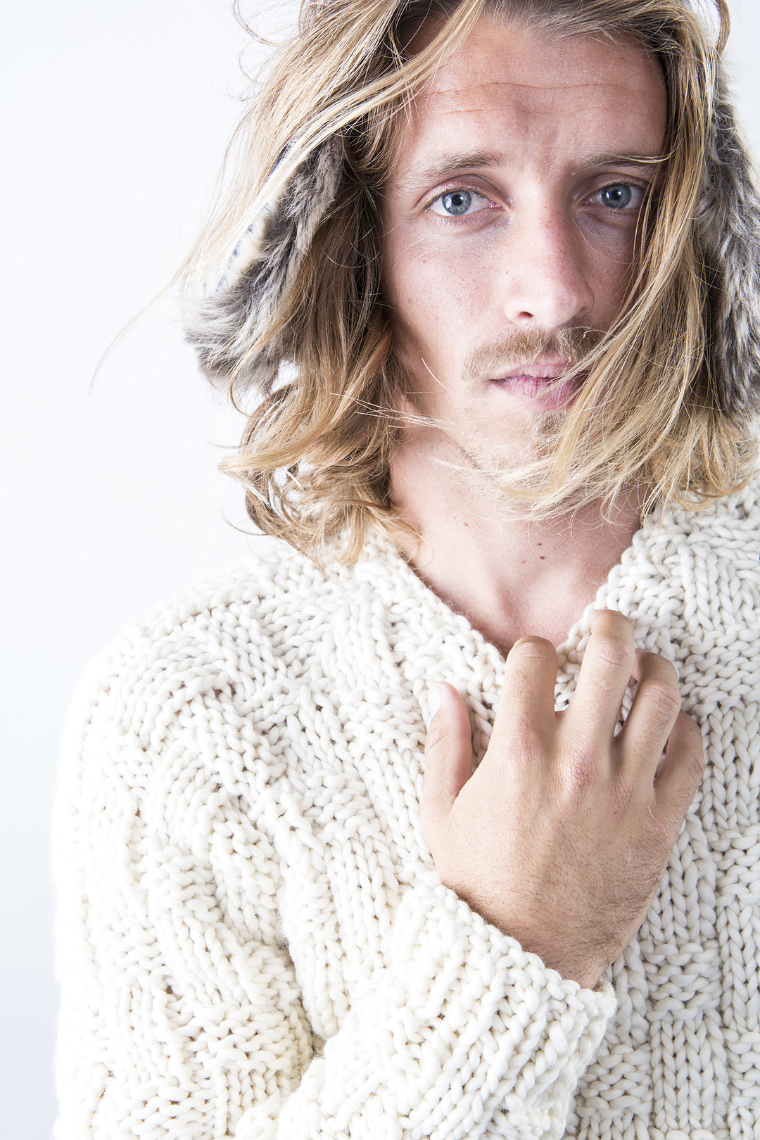 Hayes Ski Sweater stitch detail on model – James Cox Knits