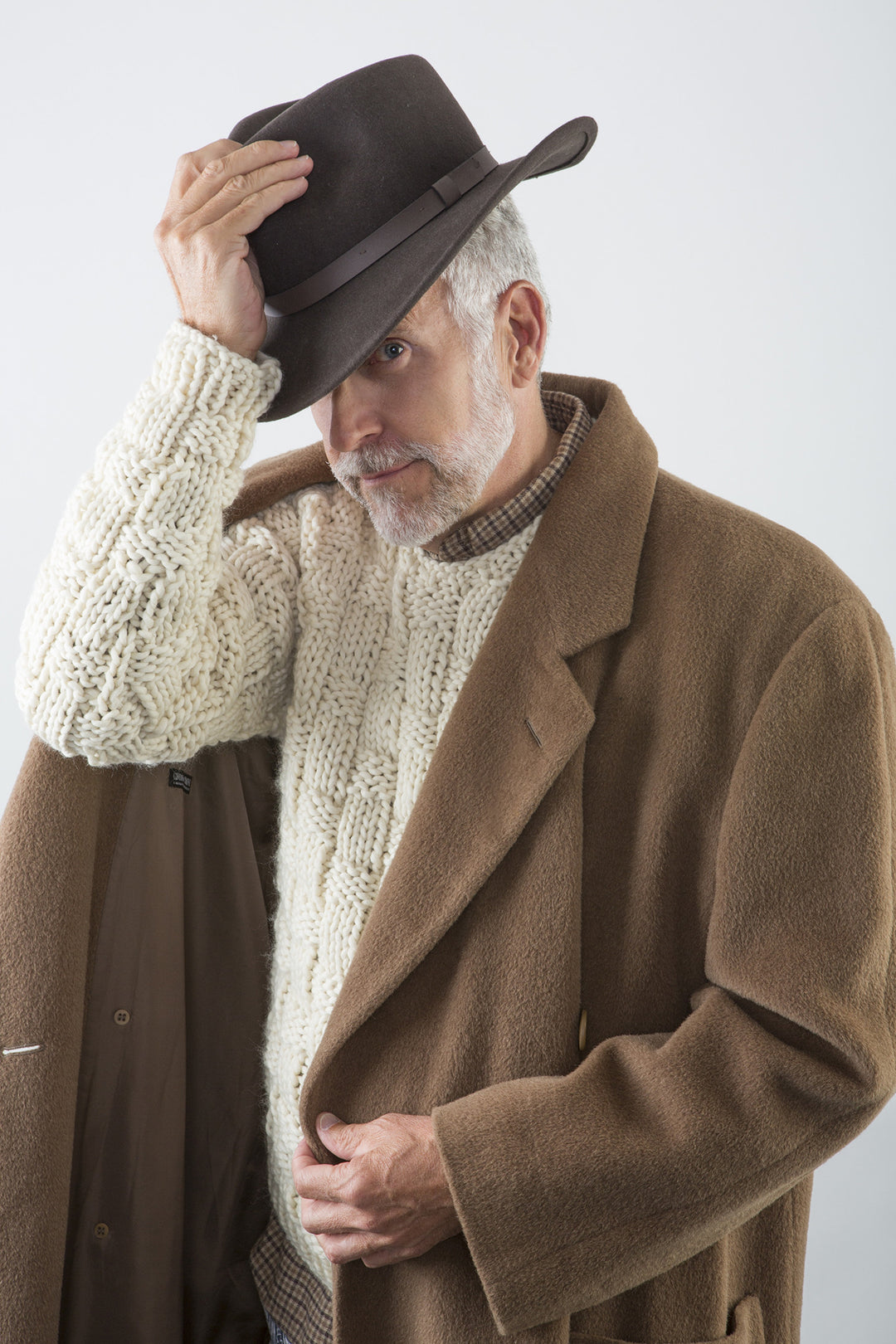 Hayes Ski Sweater w/ overcoat and hat on model – James Cox Knits