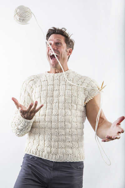 Hayes Ski Sweater in white chocolate on model – James Cox Knits